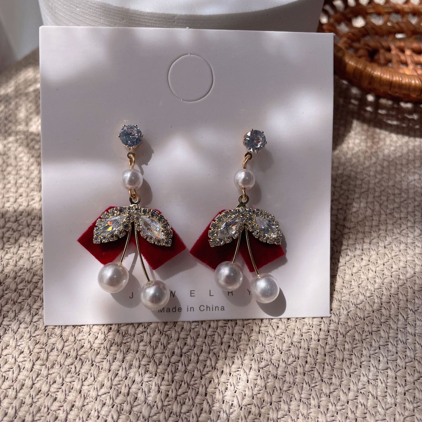 Bridal Red Veet Bow Heart Pearl Toast Earrings