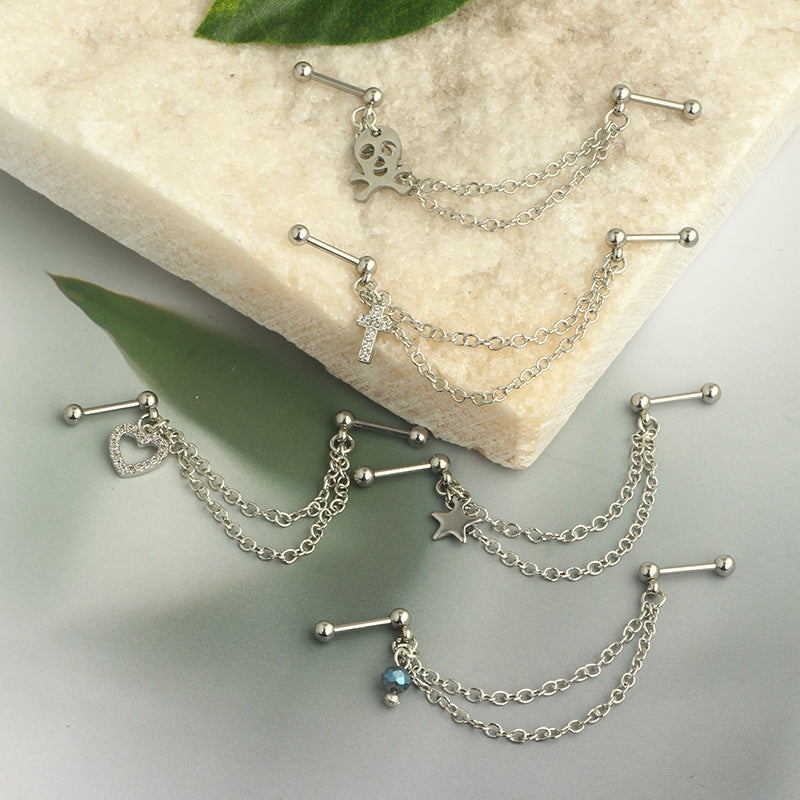 Ball Fashion Piercing Stainless Steel Chain Zircon Moon Heart-shaped Ear Earrings