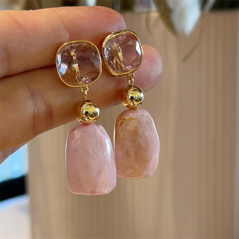 Metallic Pink Jade Sier Needle Retro Sweet Simple Fashion Earrings