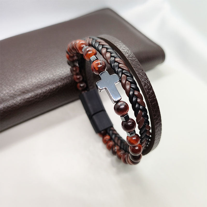 Cross Hematite Personalized Fashion Woven Leather Tigereye Frosted Bracelets