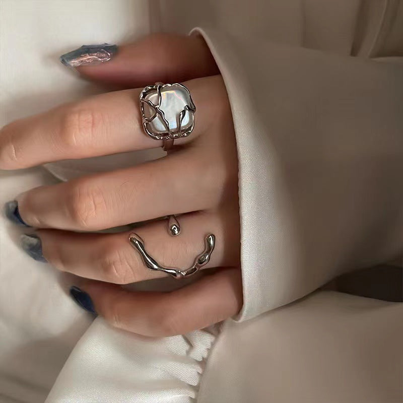 Vintage Pearl Female Niche Design Temperament Water Drop Opening Adjustable Rings
