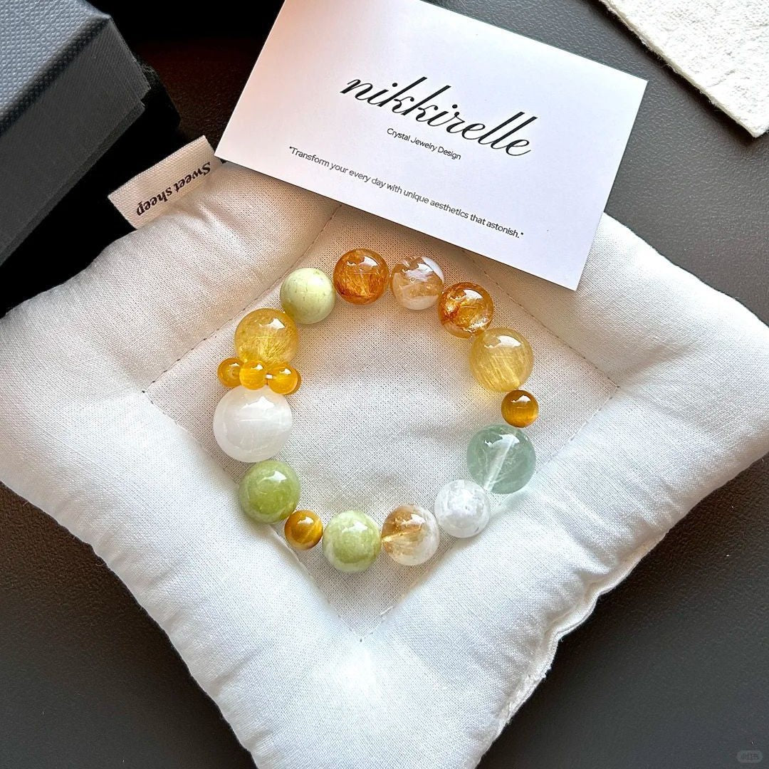 Orange Yellow Green Snowflake Ghost Fluorite Crystal Jade Gold Bracelets