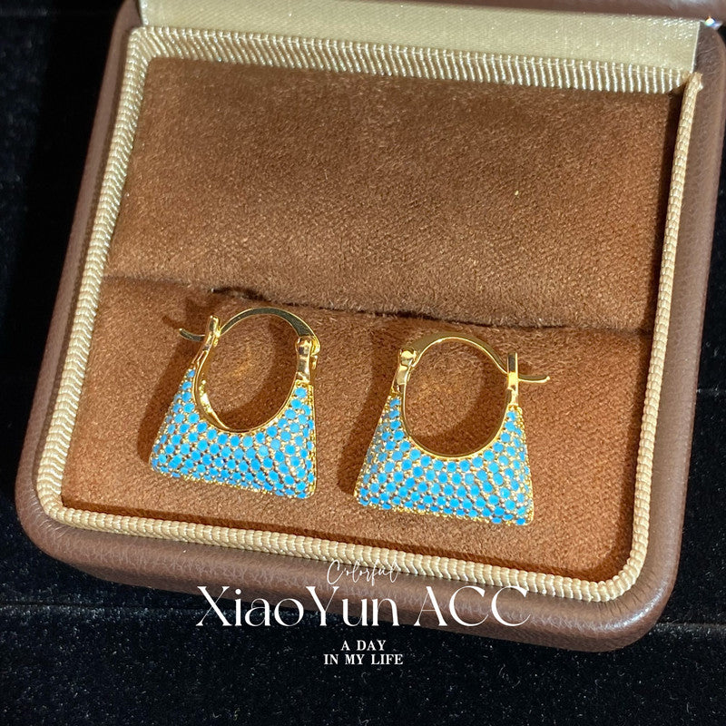 Women's French Retro Turquoise Full Diamond Bag Ear Clip Light Luxury Earrings