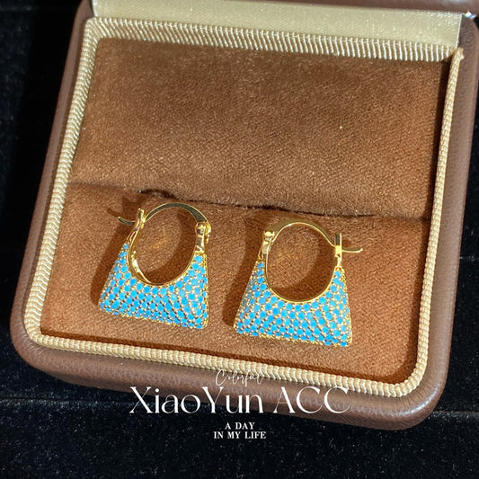 Women's French Retro Turquoise Full Diamond Bag Ear Clip Light Luxury Earrings