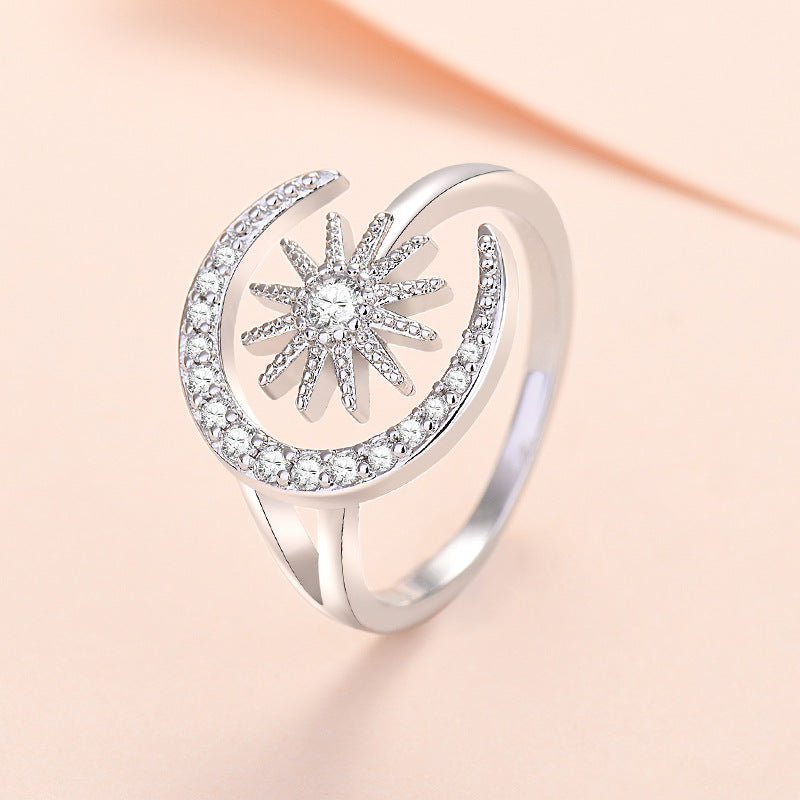Sun Moon Female Fashion Small Creative Micro Inlaid Zircon Opening Rings