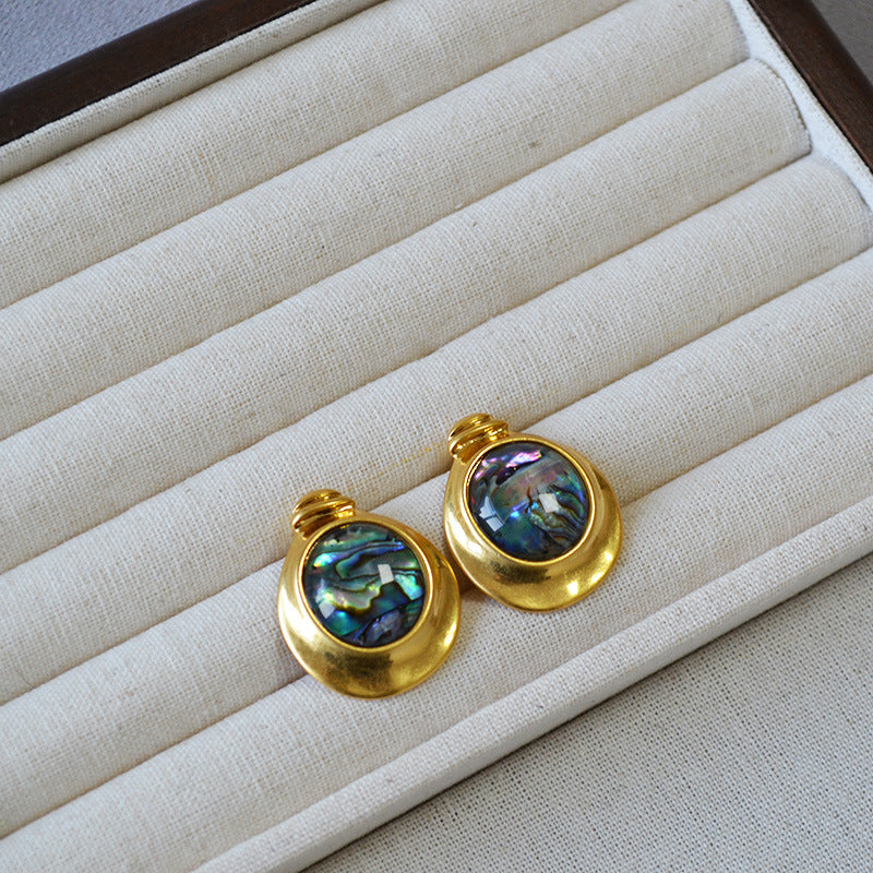 Minority Retro Artistic Brass Gold-plated Irregular Round Colorful Abalone Shell Stud Earrings