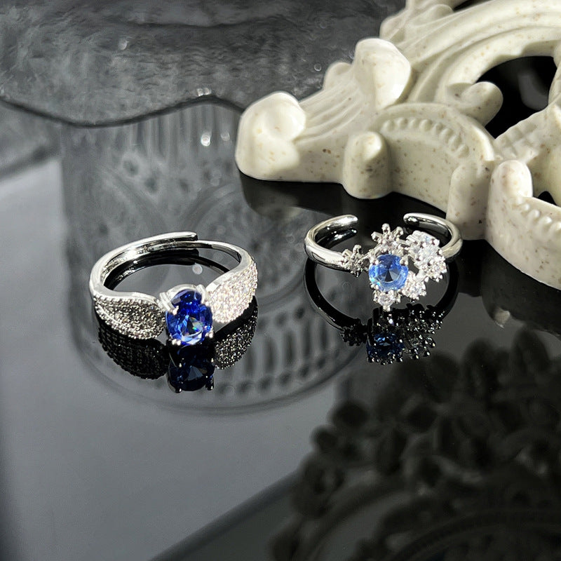 Women's Fashion Blue Open-end Zircon Light Luxury Minority Rings