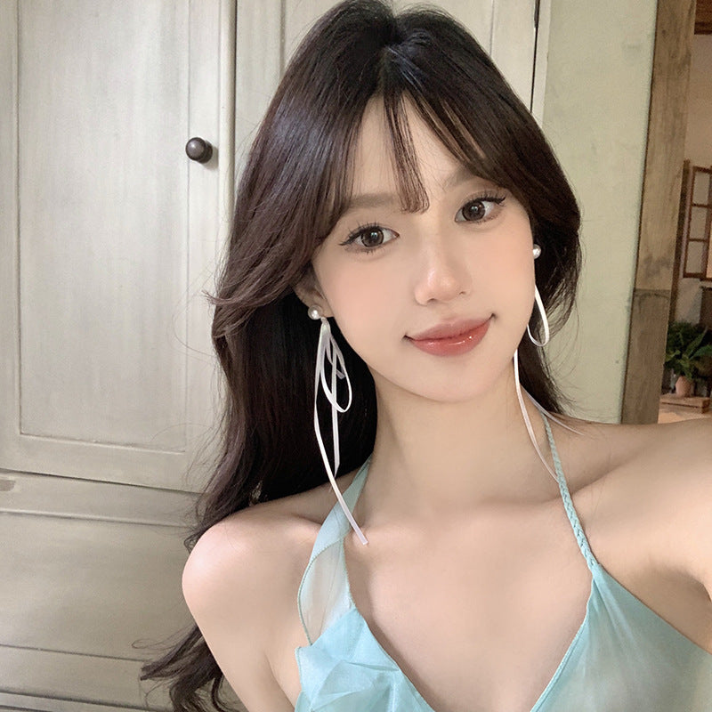 Women's Summer Ballet Style Long Fairy Bow Ribbon Pearl Unique Stud Earrings