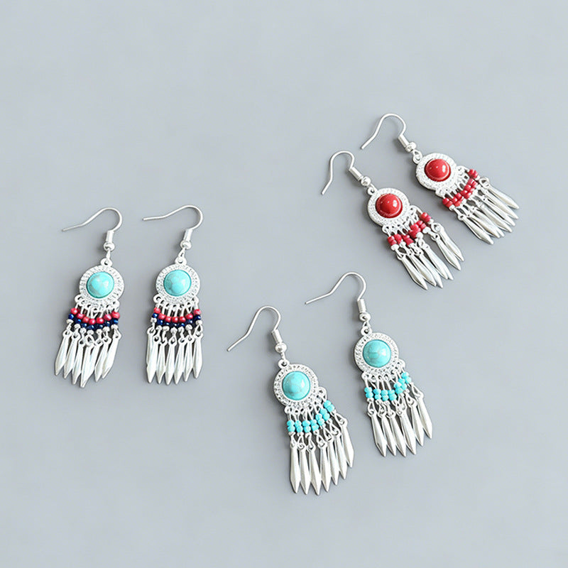 Women's Turquoise Retro Ethnic Style Tassel Miao Sier Earrings