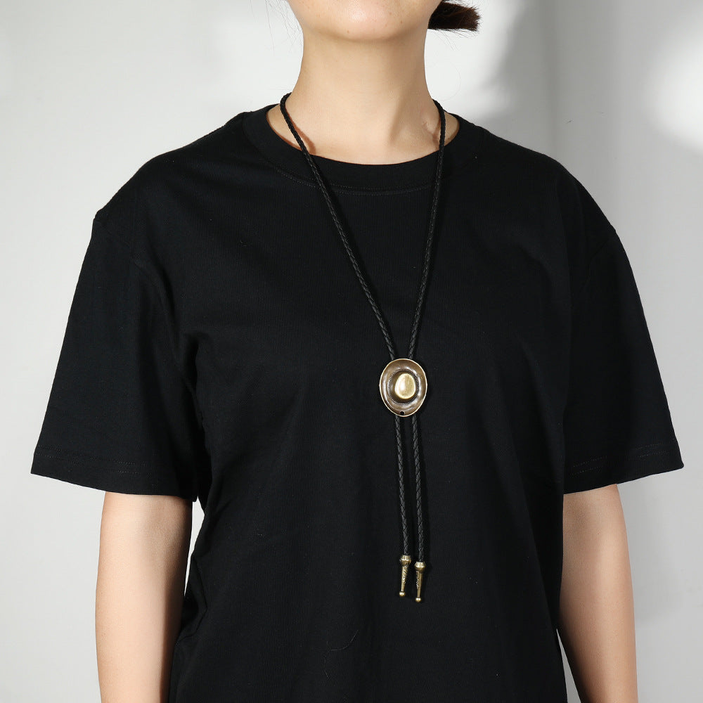 Men's Fedora For Cowhide String Long Sweater Necklace