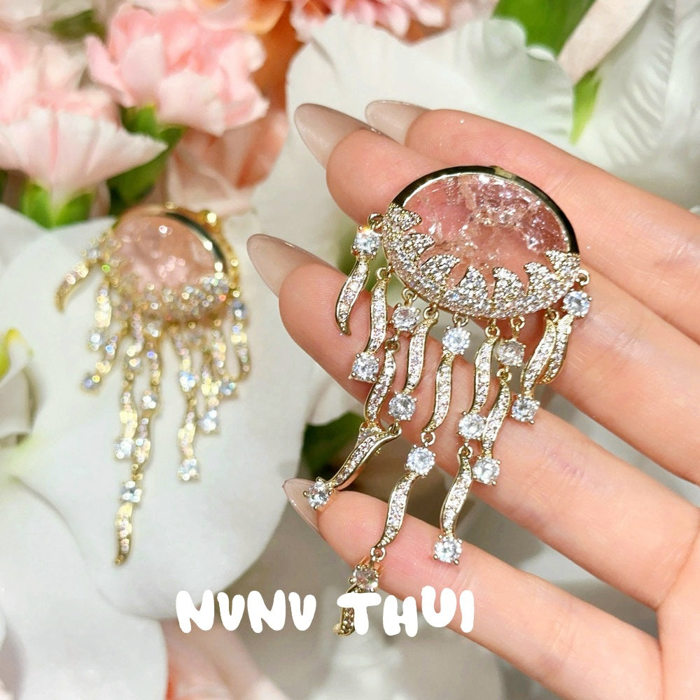 Pink Cloud Pattern Jellyfish Tassel Gem Rich Woman's Happy Egg-shaped Earrings