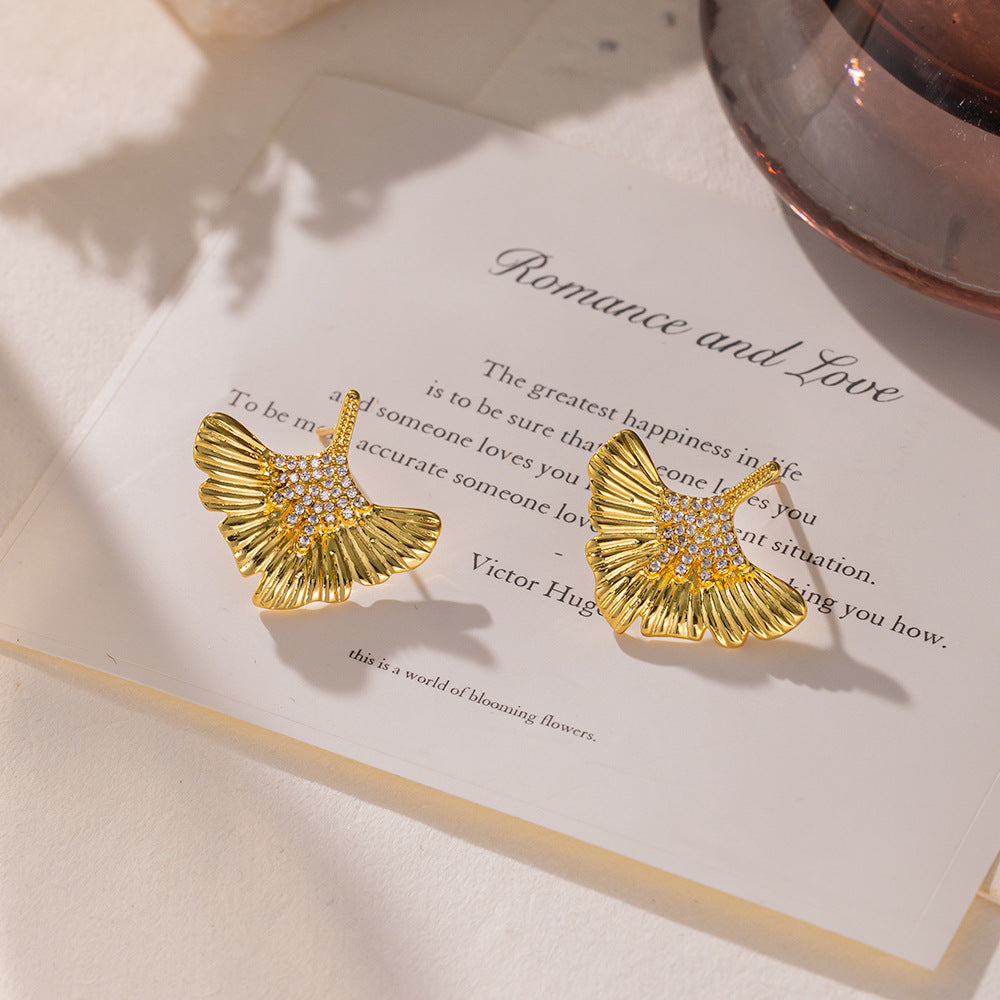 Retro Fashion High-grade Inlaid Zircon Ginkgo Stud Earrings
