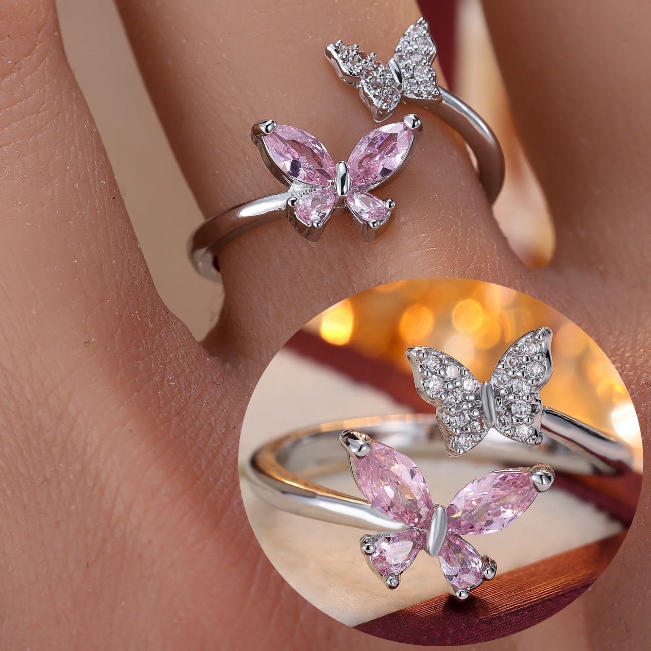 Inlaid Zirconium Double Butterfly Open Light Luxury Minority Design Fashion Rings