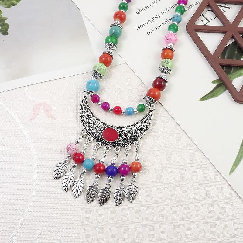 Retro Ethnic Style Crescent Leaf Tassel Forehead Exotic Necklace