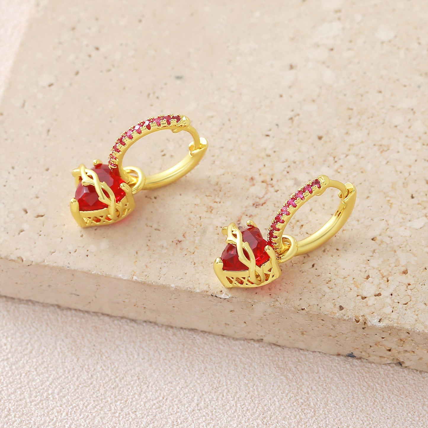 Women's Gold Red Love Heart Gem Thorn Inlaid Zircon Design Sense Earrings