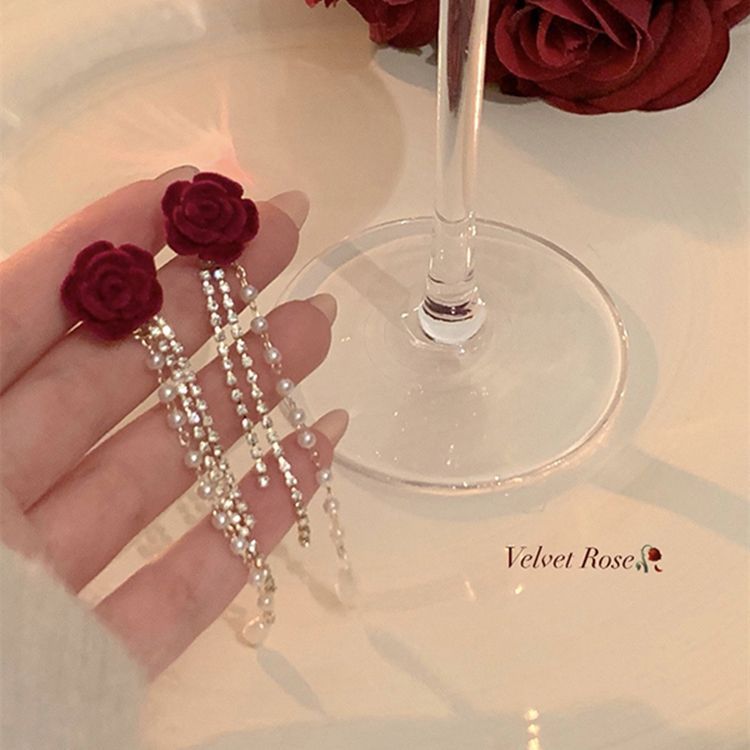 Camellia Tassel Red Veet Long Rose High-grade Rings