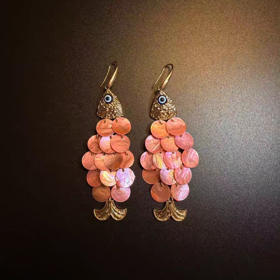 Women's Ancient Gold Pink Shell Small Fish Ear Hook Antique Unique Rings