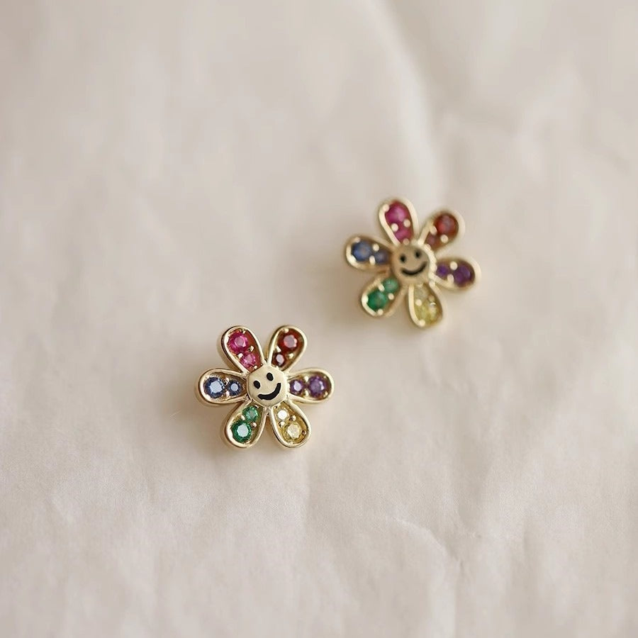 Women's Sterling Sier Gold-plated Smile Flower Cute Good Mood Stud Earrings