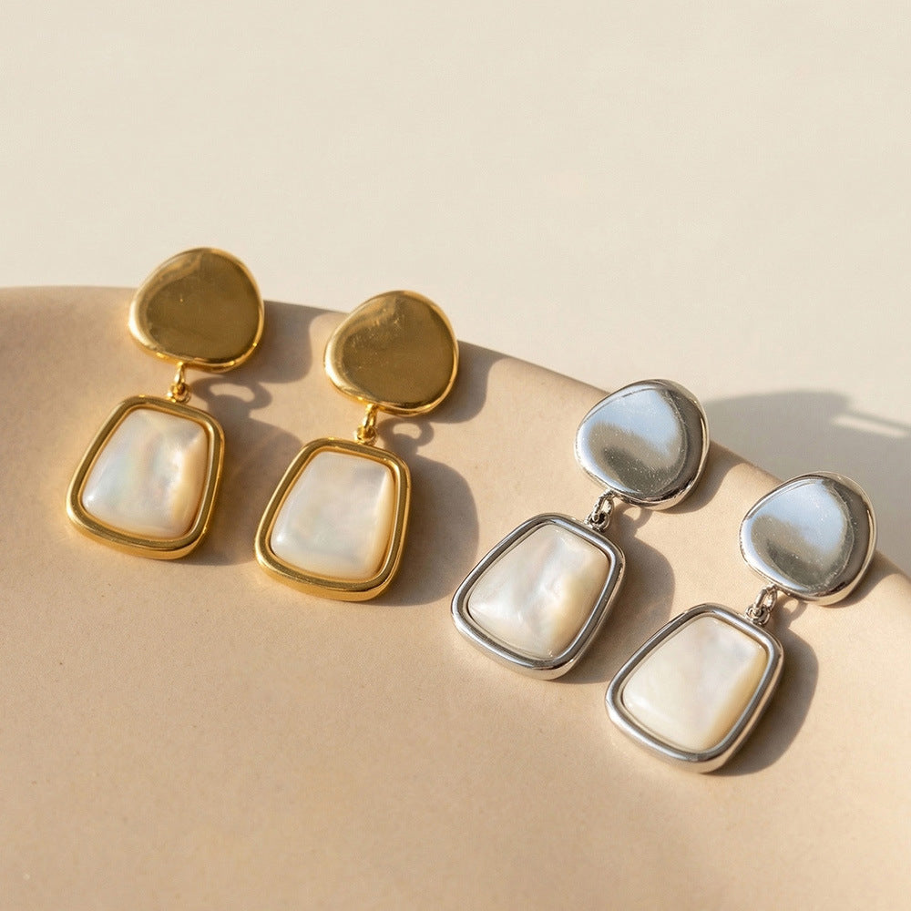 Women's Luxury Stainless Steel White Fritillary Design Real Gold Earrings