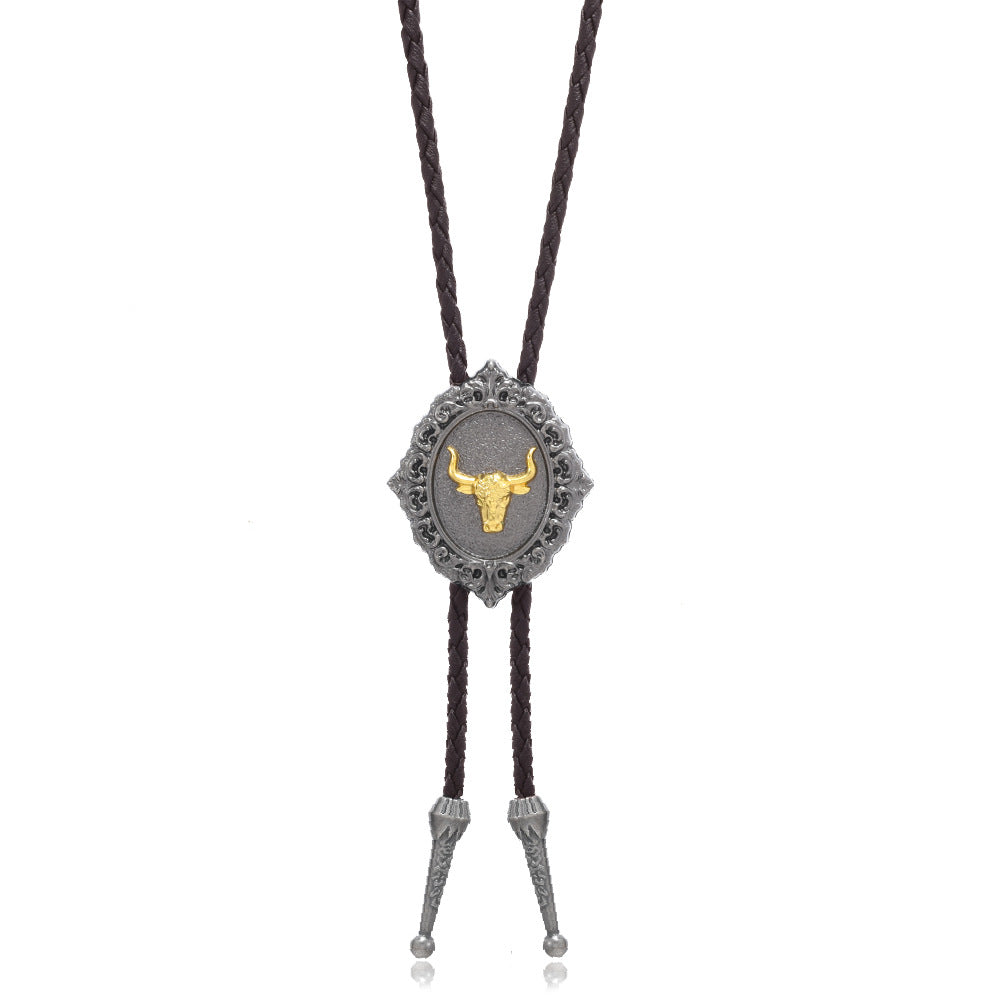 Men's Tie Leather String Horse Head Cow Alloy Long Sweater Chain Pendants