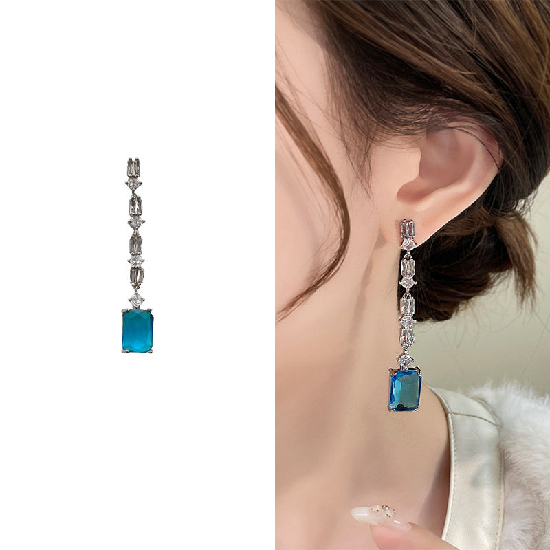 Blue Rhinestone Zircon Geometric Flower Light Luxury High-grade Design Sense Earrings