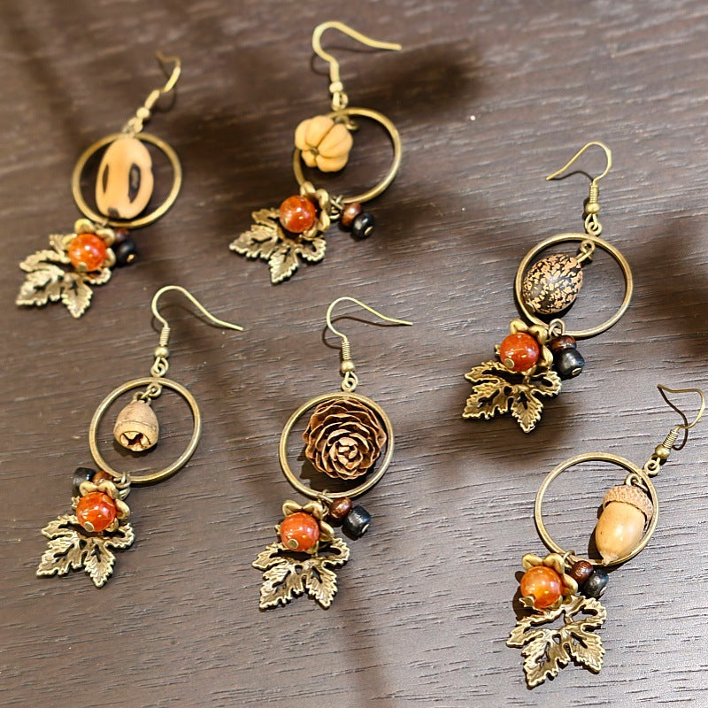Palace Niche Exotic Plant Dried Fruit Maple Leaf Dangling Earrings