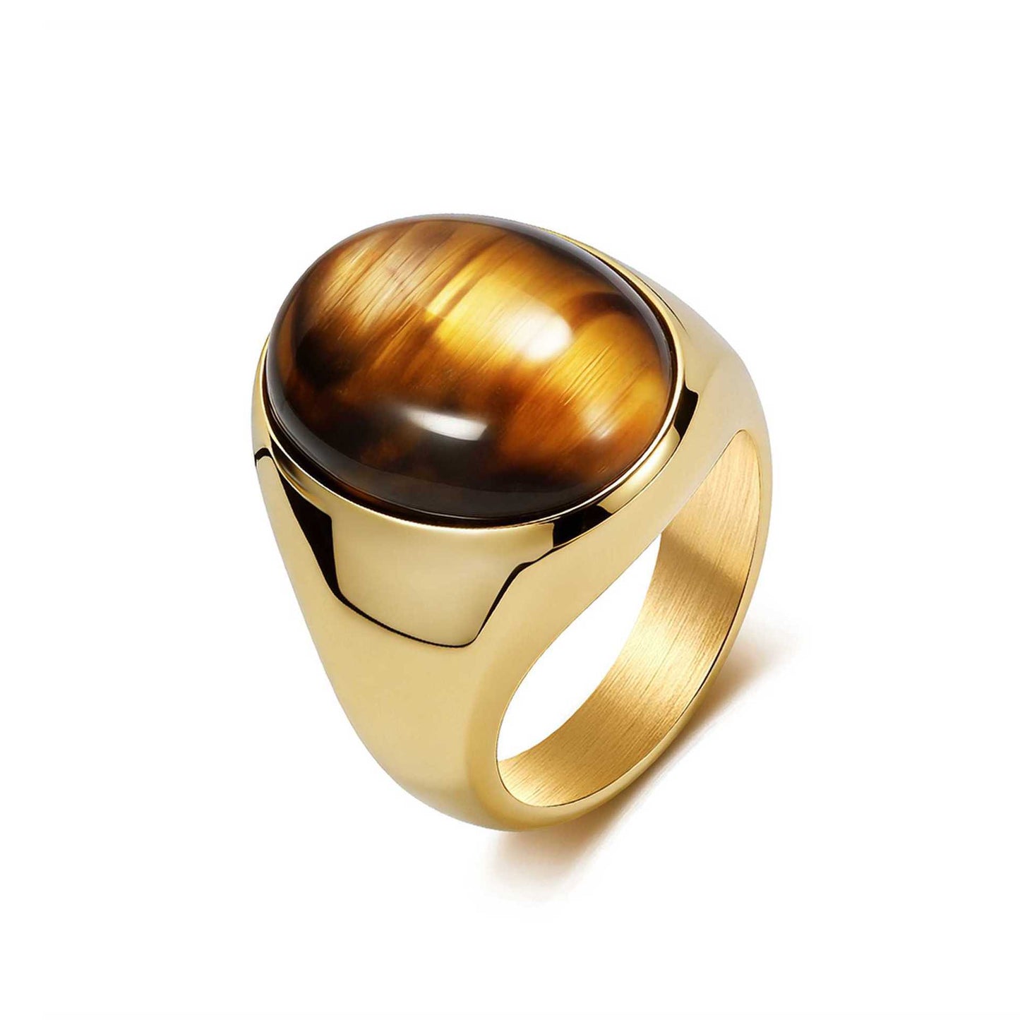 Simple Glossy Titanium Steel Mosaic Oval Tigereye Niche High Sense Rings