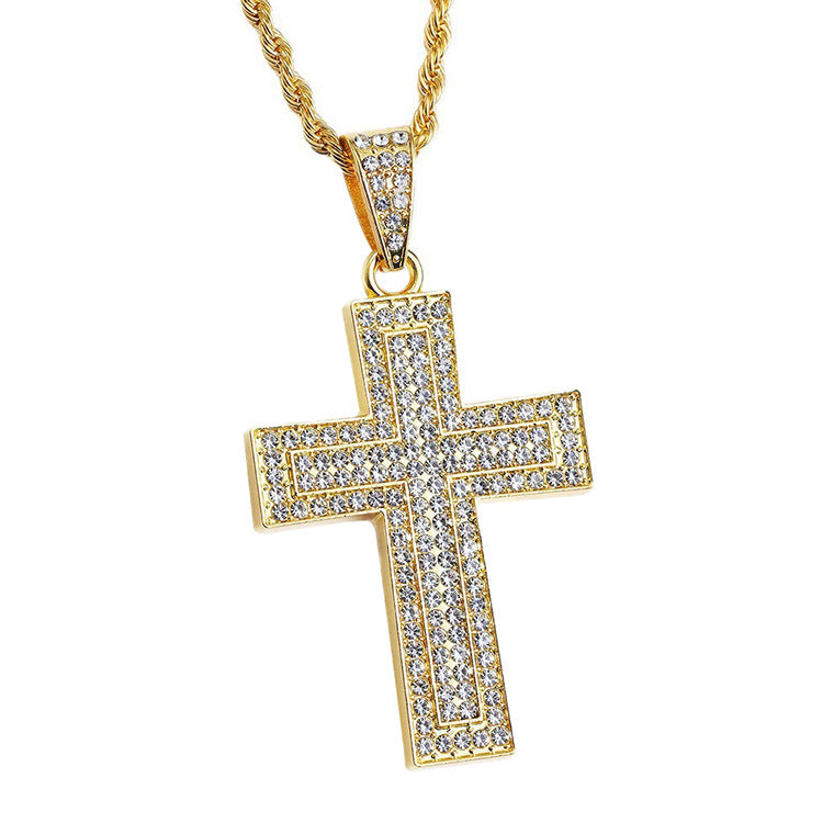 Full Diamond Cross Long Titanium Steel Hemp Flowers Necklace