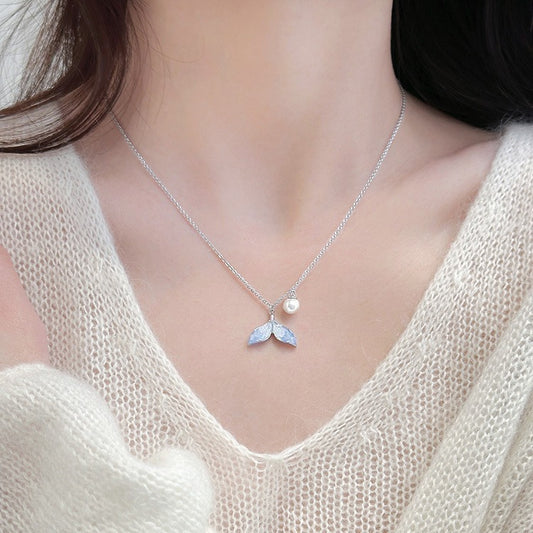 Fresh Blue Crystal Fishtail Pearl Temperament Entry Lux Necklace