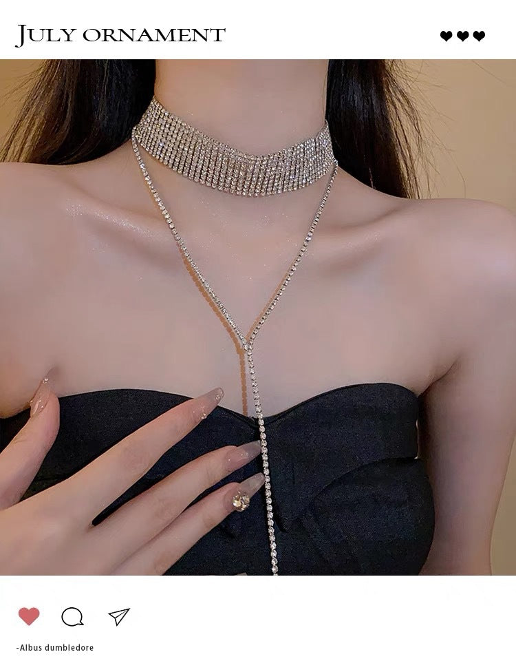Women's Wide Tassel Nightclub Temperament Rhinestone Collar Clavicle Necklace