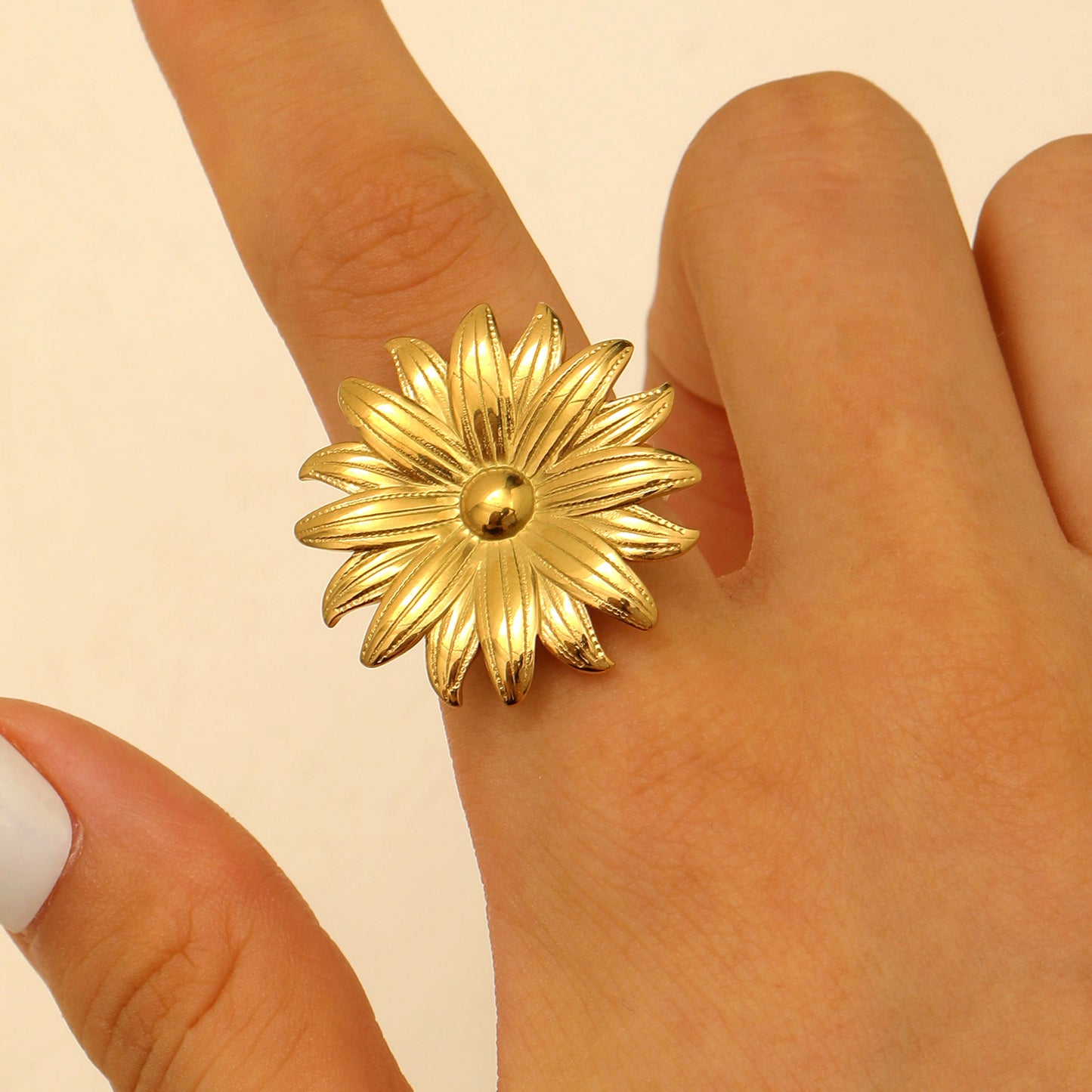 Steel Flower Leaf Female Exaggerated Personalized Hollow Ring