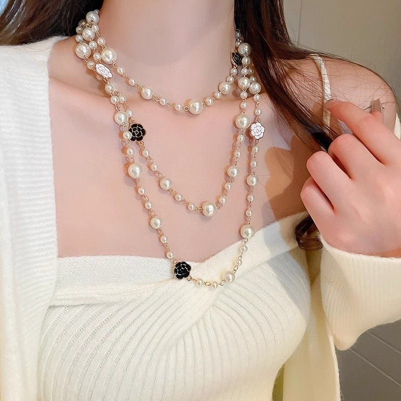 Rose Glass Pearl Stackable Long Sweater Necklaces