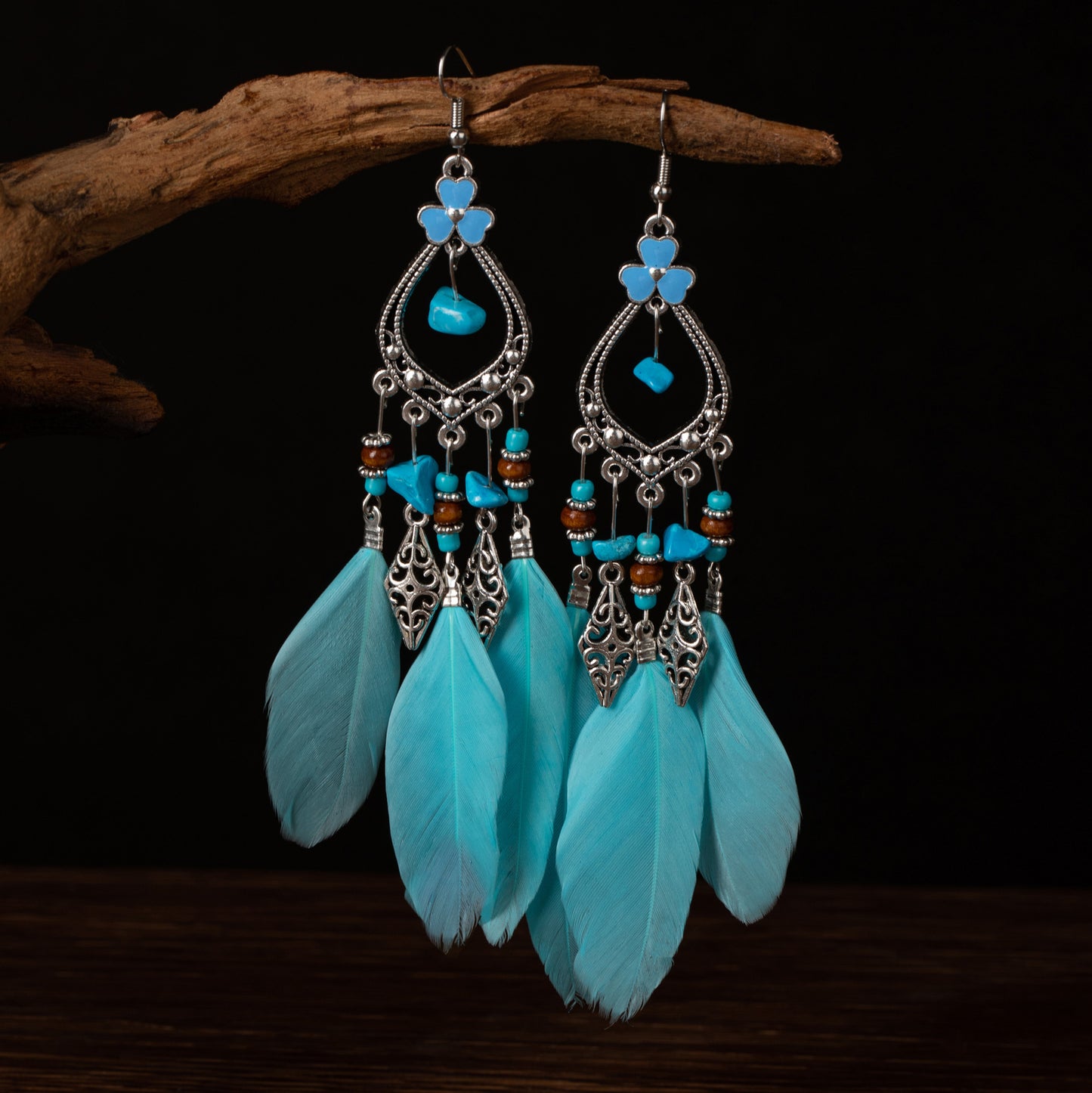 Women's Bohemian Feather Irregular Natural Stone Retro Earrings