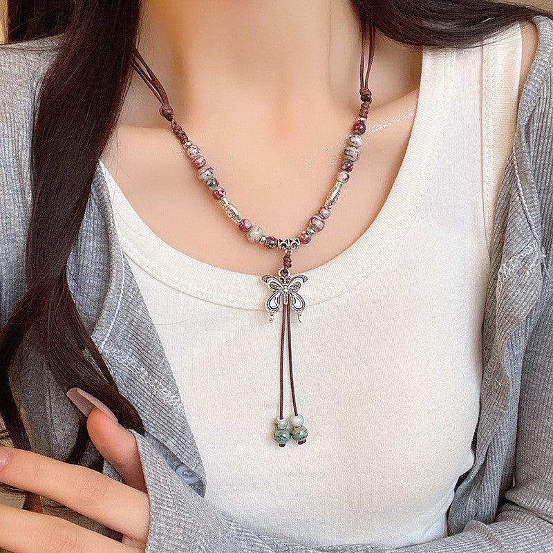 Women's Zen Retro Braided Rope Ethnic Style Niche Design Tassel Beaded Necklaces