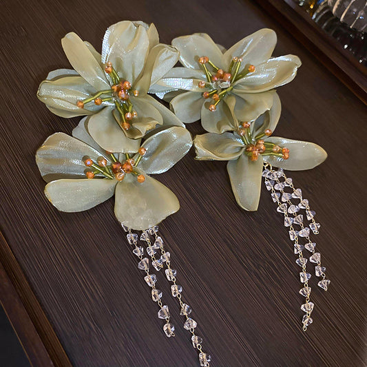 Women's Flower Artificial Crystal Tassel Sier Pin Personalized Minority Earrings