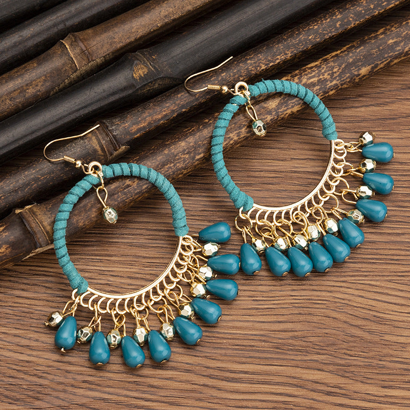 Women's Ethnic Style Bead Tassel Hand-woven Yunnan Earrings