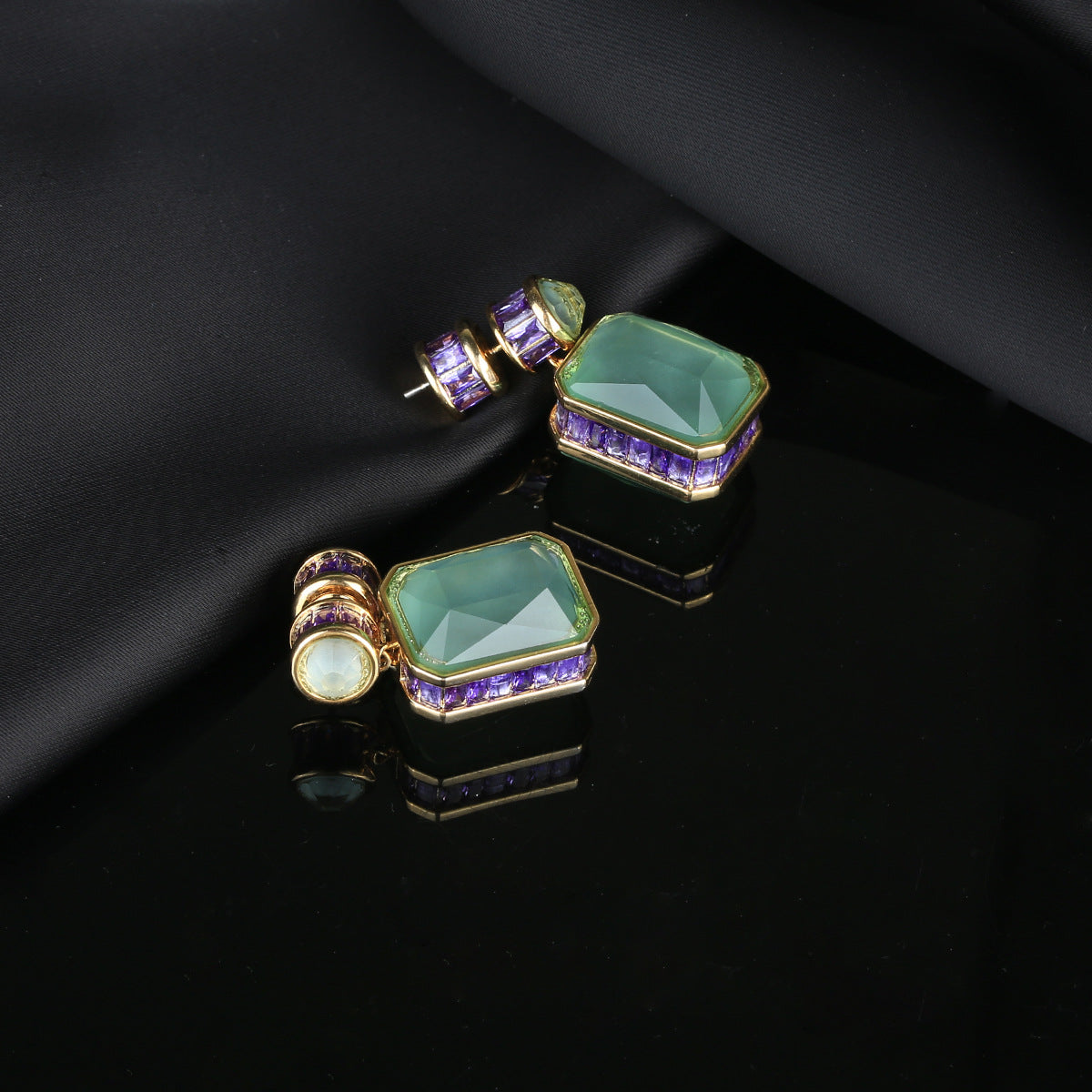Long Gem Inlaid Zircon Light Luxury National Style Trendy Three-dimensional Earrings