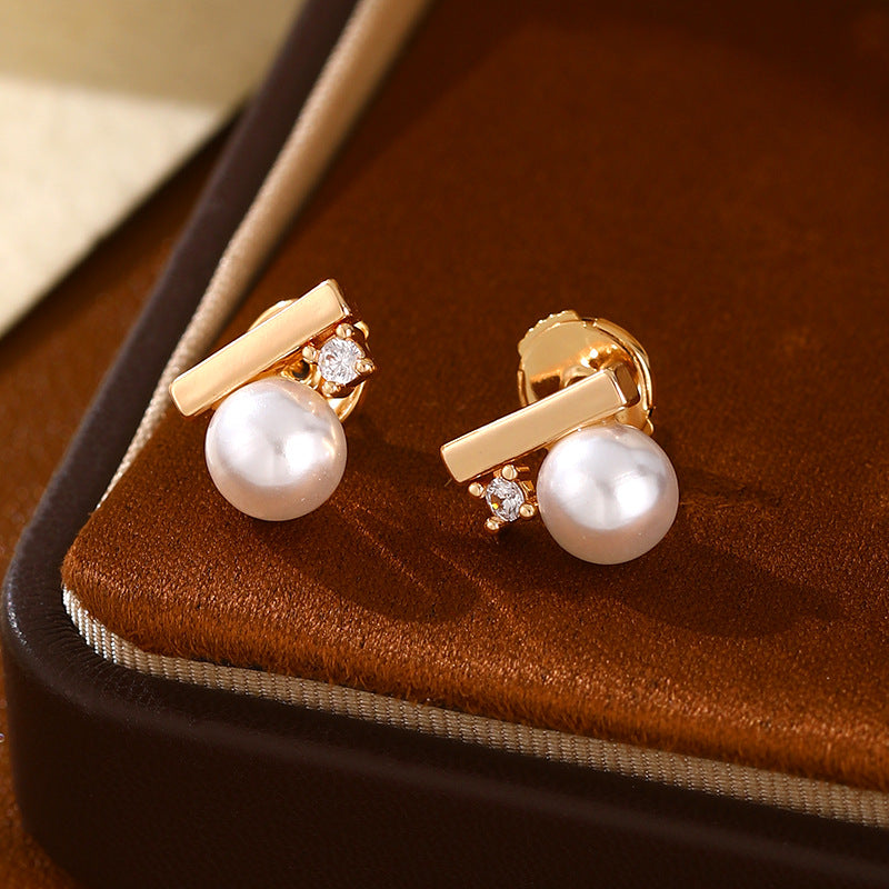 Women's Sier Needle Niche Inlaid Zircon Pearl Simplicity Small Versatile High Earrings