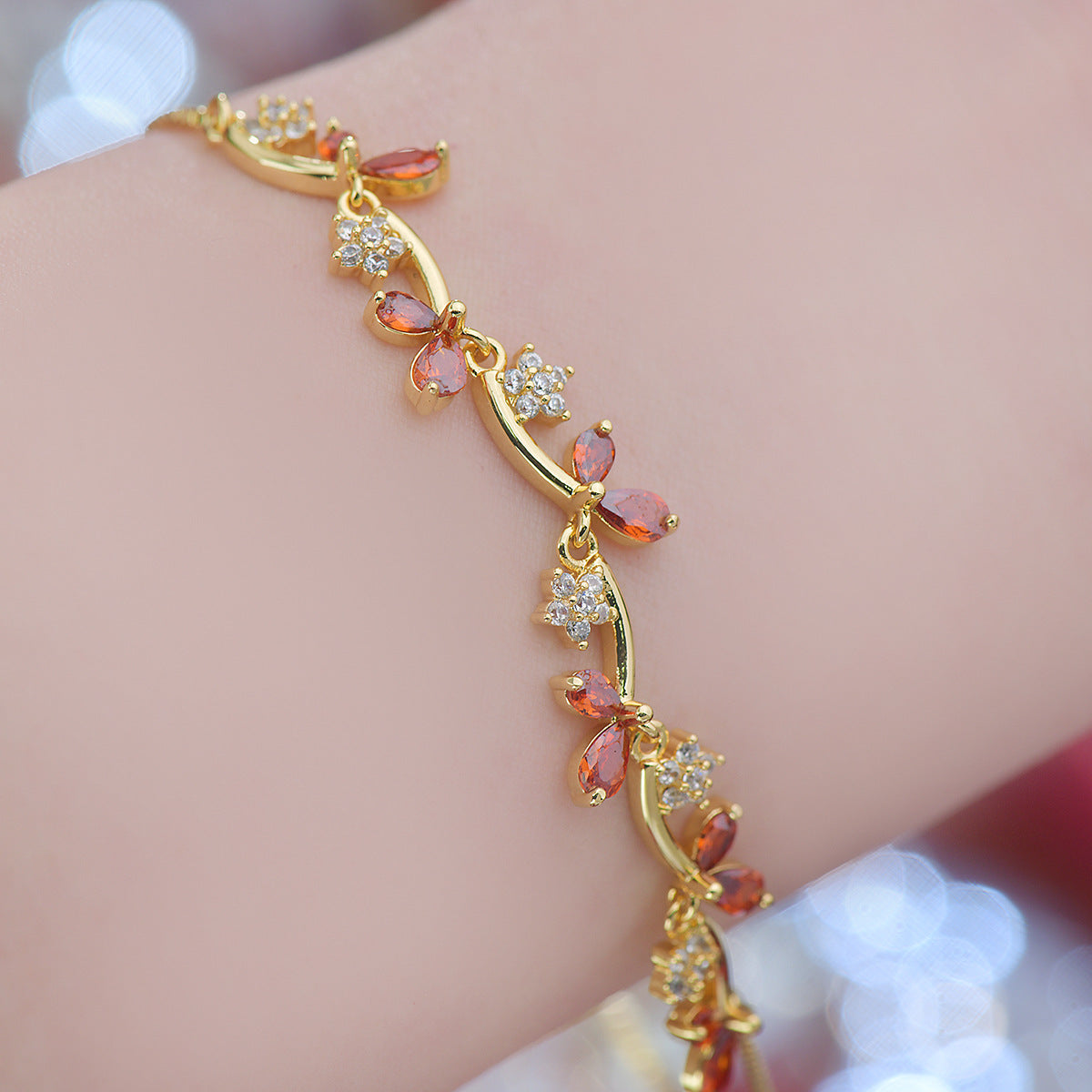 Zircon Leaf Bud Pomegranate Red Purple Electroplated Real Bracelet
