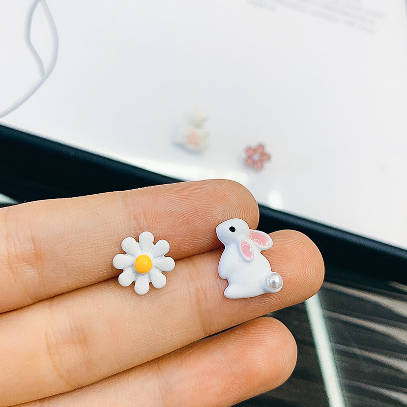 Pink Oil Dripping Peach Flower Sier Cute Stud Earrings