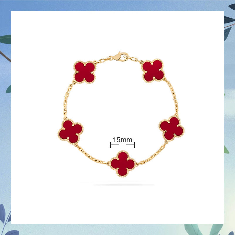 Women's Four-leaf Clover Rose Gold Red Agate Black White Shell Flower Bracelet