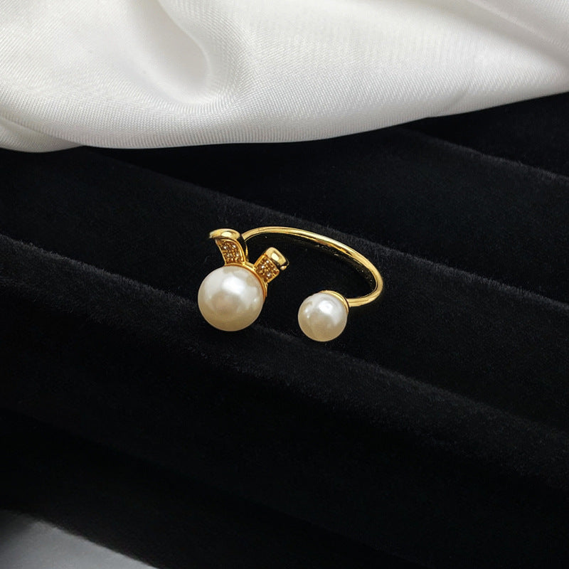 Sweet Cool Bow Open-end Pearl Female Korean Rabbit Rings