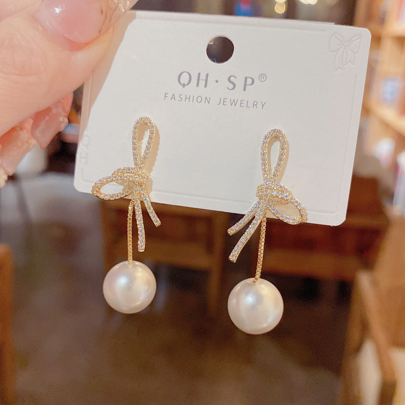 Affordable Luxury Fashion Micro Inlaid Zircon Bow Pearl Personality Thin Earrings