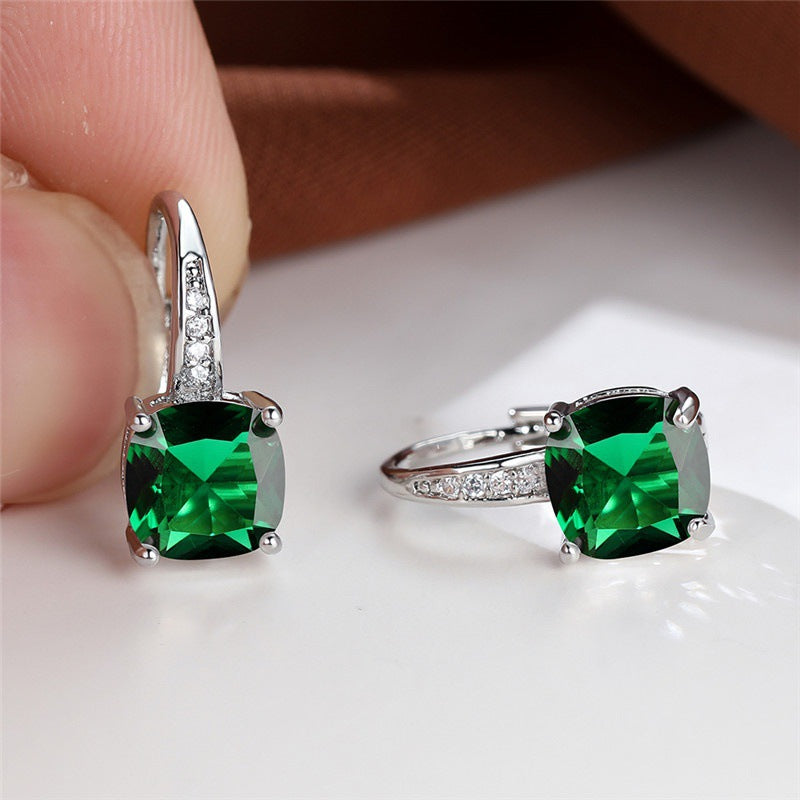 Women's Square Zircon Inlaid Ear Hook Korean Fashion Style Stud Earrings