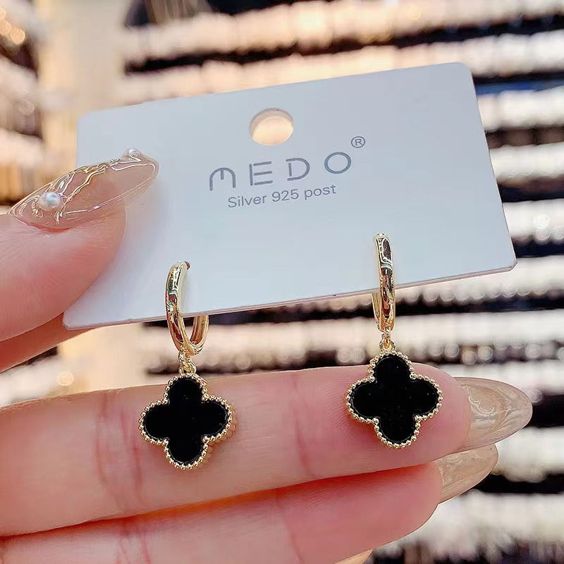 Sier-plated Korean Style Clip Clover Exquisite Versatile High Earrings