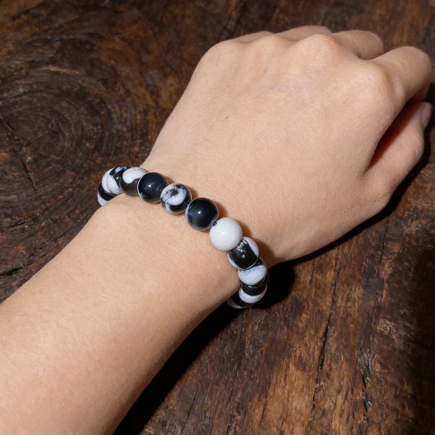 Black White Fire Agate Natural Stone Handmade Bracelet