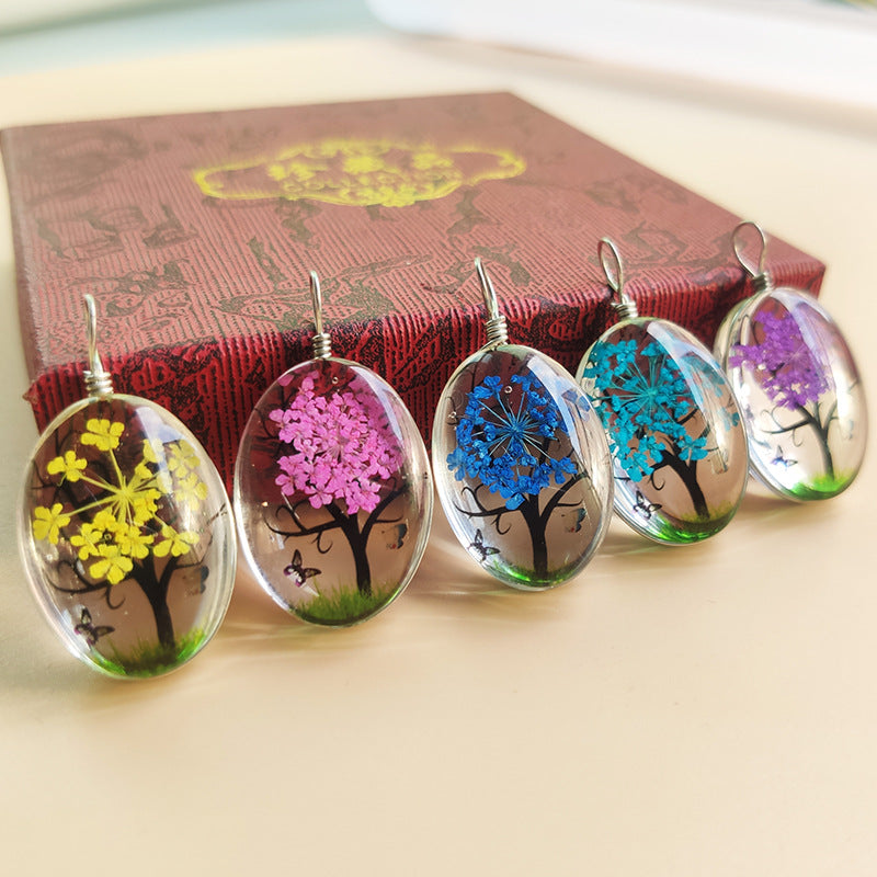 Tree Preserved Fresh Flower Artificial Crystal Oval Starry Sky Plant Necklace