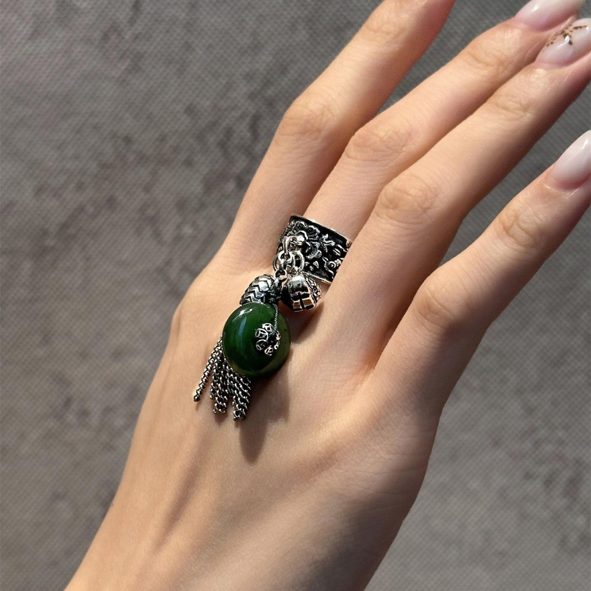 Chinese Retro Jasper Peace Buckle Female Tassel Ring
