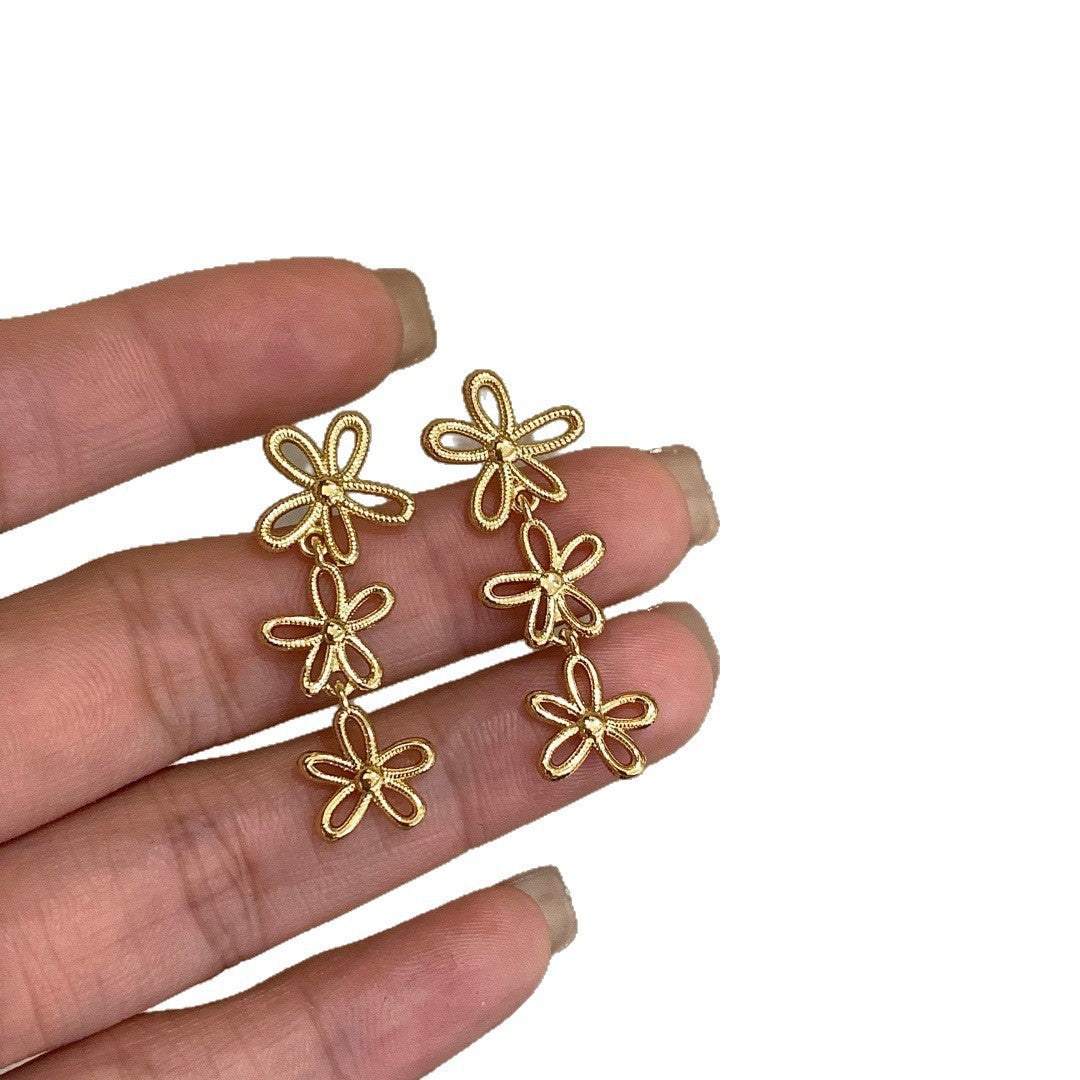 Long Tassel Hollow Flower Temperamental Minority Personality Gentle Temperament Sier Stud Earrings