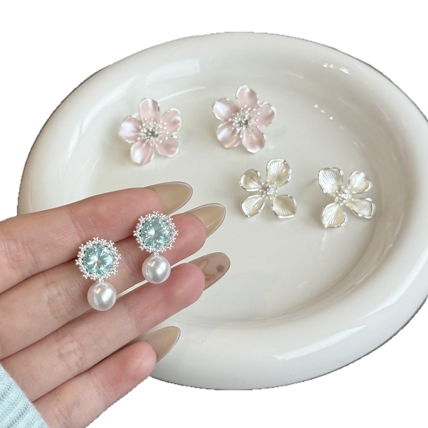 Women's Clear Blue Zirconium Pearl Pink Flower Multi Optional Earrings